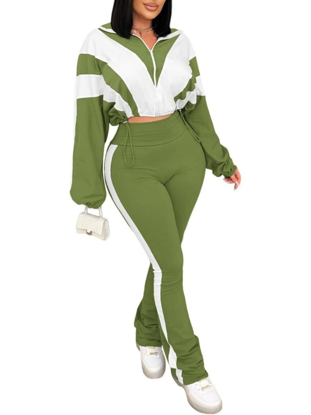 Color Block 2-Piece Outfit: Zip Jacket & Bodycon Long Pants Set for Women